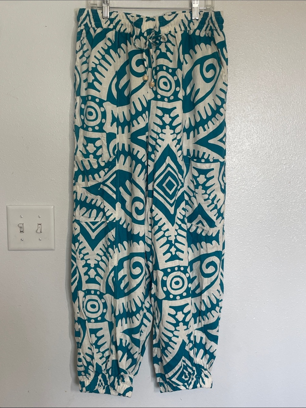Haute Hippie Teal and Cream Graphic Jogger Pants